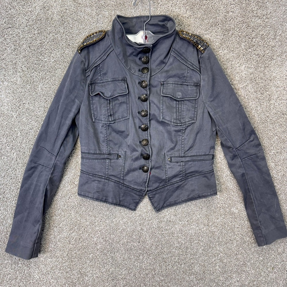 Free People Jacket Womens S Military Utility Gray Beaded Epaulette EUC